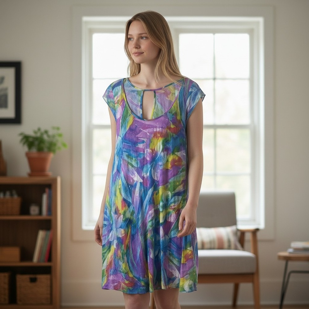 Jams World 50 Years Floral Watercolor Keyhole Shift Dress Womens XS Purple Multi - Picture 2 of 5